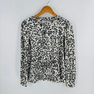 LOFT Black White Floral Velvet Burnout Long Sleeve Blouse Size Small